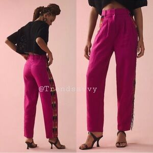 Anthropologie Farm Rio Linen Fringe Beaded Carrot High Rise Pants Pink M NWT